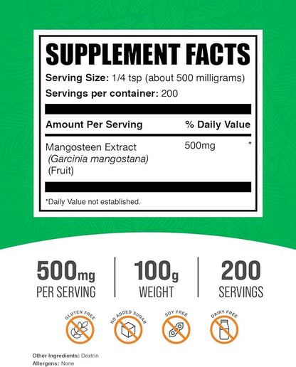 BulkSupplements.com Mangosteen Extract Powder - Superfood Supplement, from Mangosteen Fruit, Mangosteen Powder - Gluten Free, 500mg per Serving, 100g (3.5 oz) (Pack of 1)