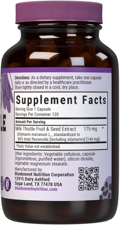 BlueBonnet Nutrition Milk Thistle Fruit & Seed Extract, Liver Health*, Non-GMO, Vegan, Kosher Certified, Gluten-Free, Soy-Free, 120 Vegetable Capsules, 120 Servings