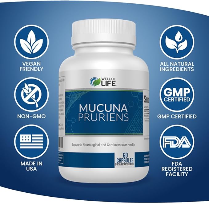 Well of Life: Mucuna Pruriens 60 Veggie Capsules, Supplement for Relaxation, Mood & Well-Being, 15% Extract Natural, USA Made, No Color Added No Artificial Ingredients & Non-GMO