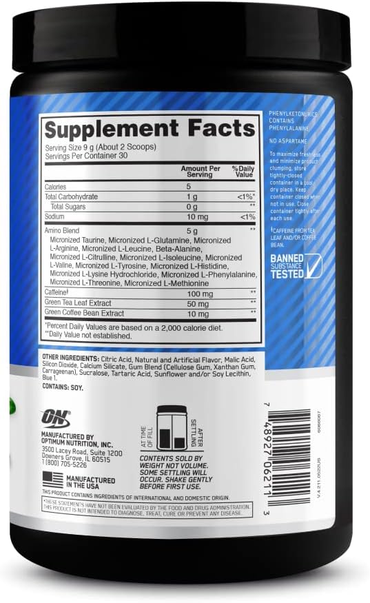 Optimum Nutrition Amino Energy - Pre Workout with Green Tea, BCAA, Amino Acids, Keto Friendly, Green Coffee Extract, Energy Powder - Blueberry Lemonade, 30 Servings (Packaging May Vary)