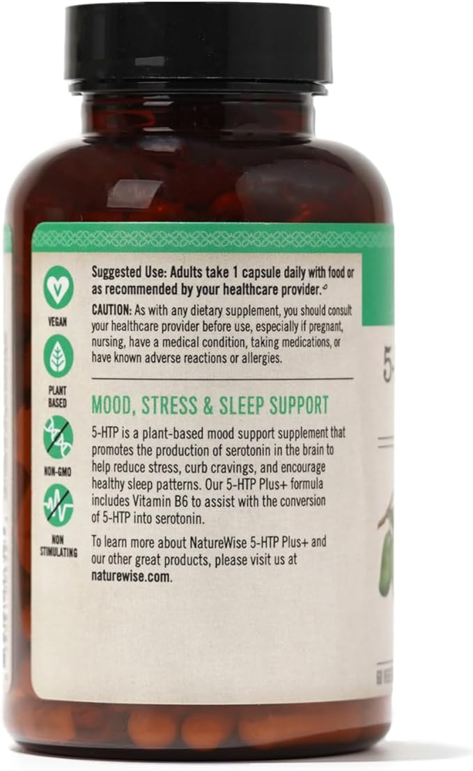 NatureWise 5-HTP 200mg Supplement from Griffonia Seeds with Cofactor Vitamin B6 - Mood Support and Natural Sleep Aid for Adults - Delayed-Release, Vegan - 60 Count[2-Month Supply]