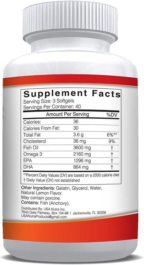 Omega 3 Fish Oil Supplement 3600mg with EPA and DHA for Women and Men Supports Joint, Brain and Heart Health 120 Softgels