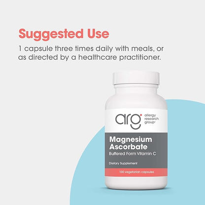 Allergy Research Group Magnesium Ascorbate Supplement - 1000mg Buffered Vitamin C, Immune Support, Magnesium Powder, Vegetarian Capsules - 100 Count