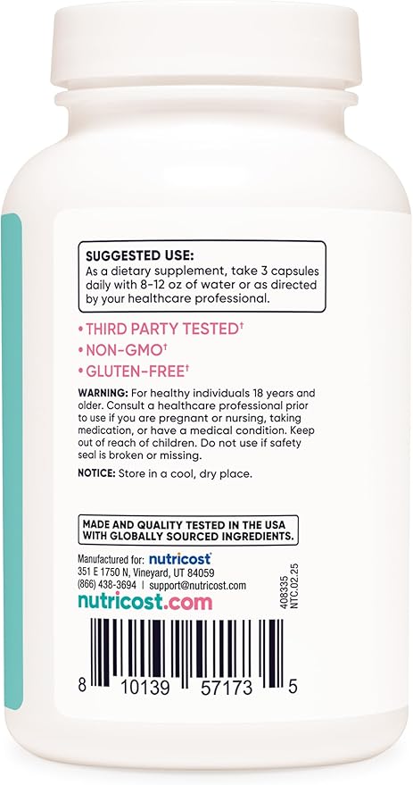Nutricost Calcium (600mg) + Vitamin D3 (12.5mcg) for Women, 180 Capsules - Vegan, Non-GMO, Gluten Free - 60 Servings