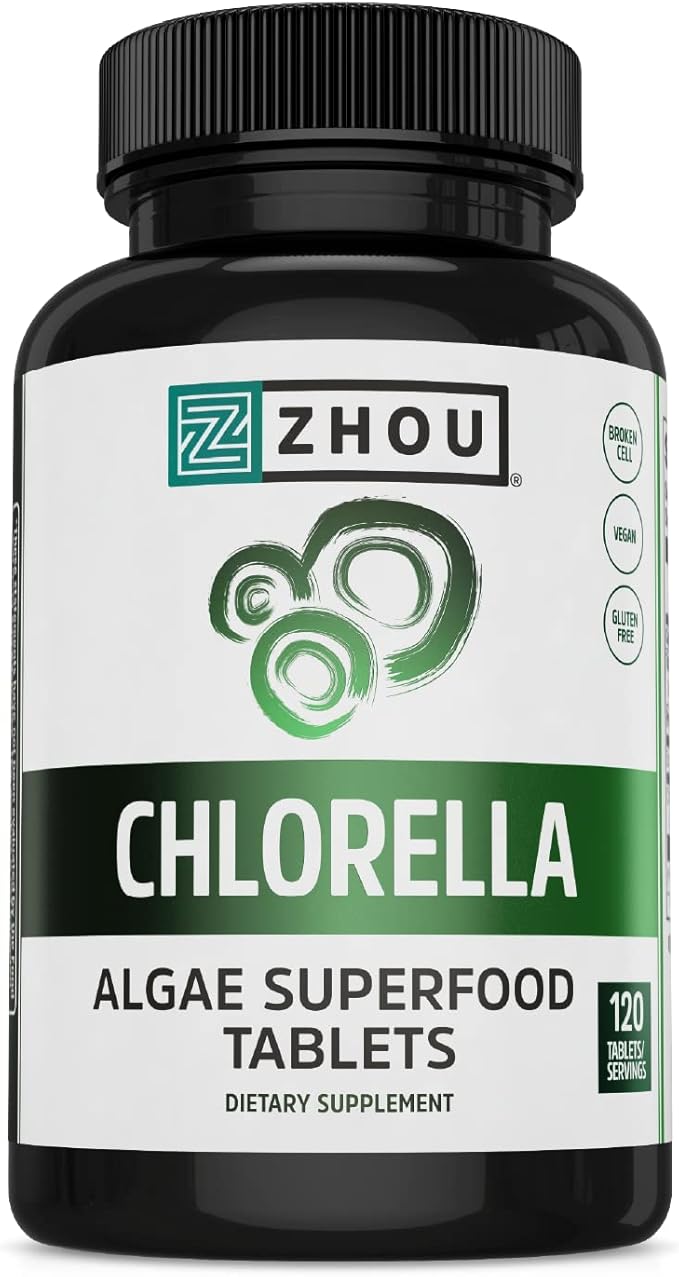 Zhou Nutrition Chlorella Tablets, Algae Superfood, Chlorella Broken Cell, Vegan Supplement, Gluten-Free, 120 Tablets