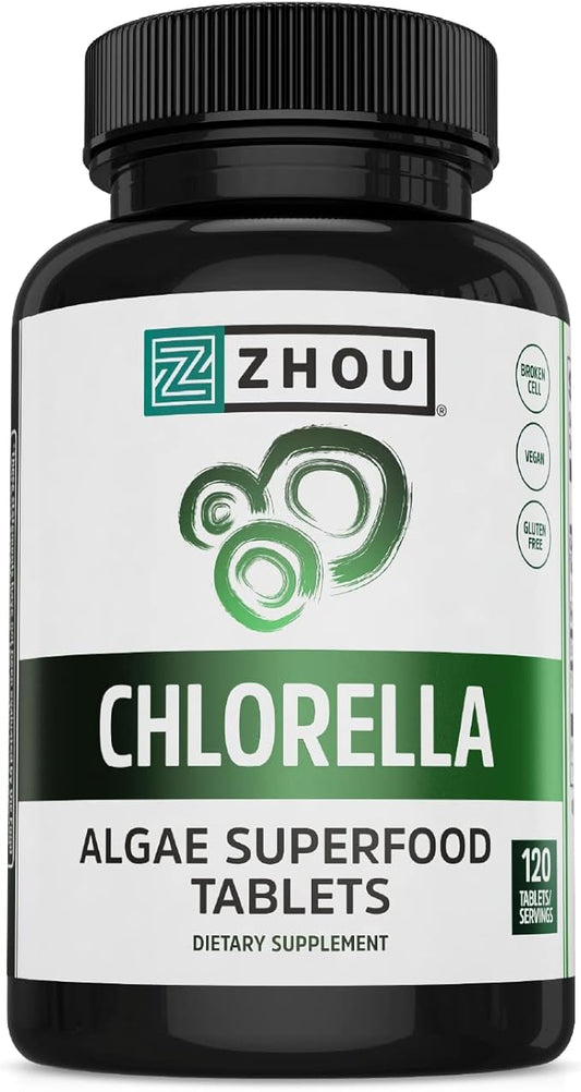 Zhou Nutrition Chlorella Tablets, Algae Superfood, Chlorella Broken Cell, Vegan Supplement, Gluten-Free, 120 Tablets