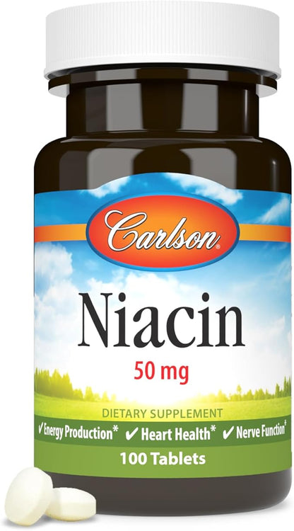 Carlson - Niacin, 50 mg, Supports Cholesterol Metabolism, Energy Production, Heart Health, Nerve Function, 100 Tablets