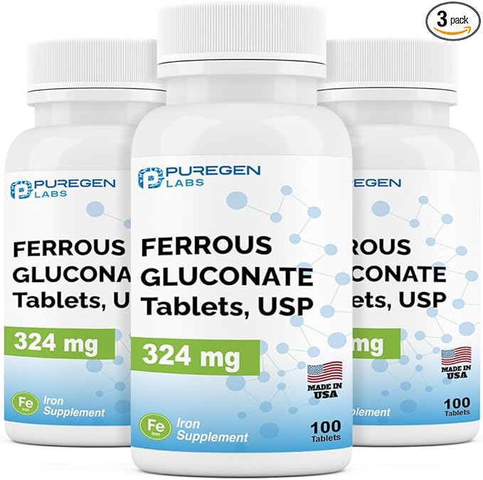 Puregen Labs Ferrous Gluconate 324 mg [High Potency] Iron Supplement, Gentle on Stomach | 3 Pack - 300 Tablets Total