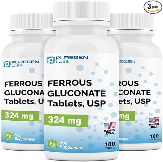 Puregen Labs Ferrous Gluconate 324 mg [High Potency] Iron Supplement, Gentle on Stomach | 3 Pack - 300 Tablets Total