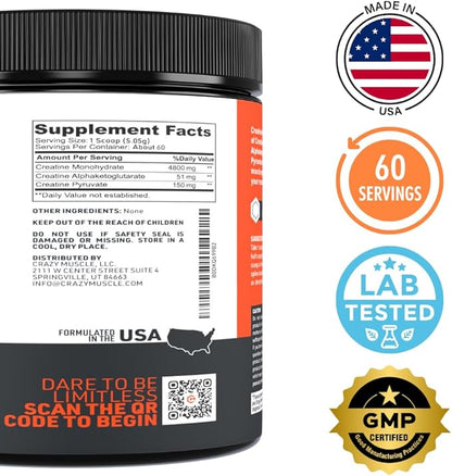 Crazy Muscle Creatine Monohydrate Powder, 5000mg Premium 3X ThreeAtine Pre Workout Mass Gainer, High Absorption Easy to Take Powder Optimum Performance for Men & Women, 60 Servings
