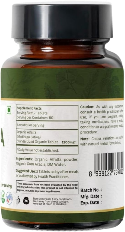 Alfalfa 120 Tablets | Medicago Sativa (Alfalfa) | USDA Organic Certified | Superfood Supplement with Vitamins and Minerals | Organic and Natural 120tab