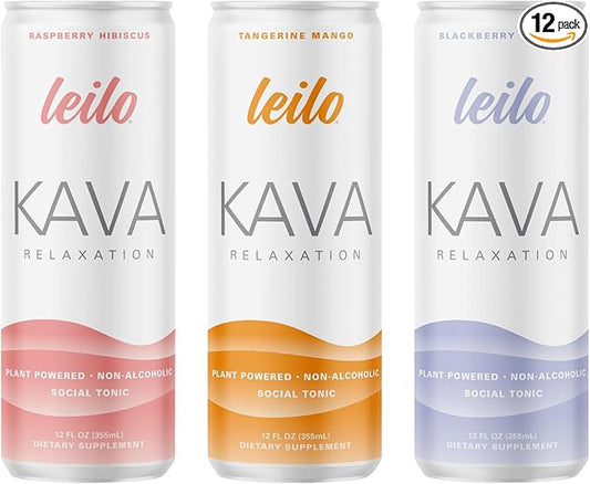 LEILO | Kava Powered Sparkling Relaxation Drink | Classic Variety-Pack – Includes: Raspberry Hibiscus, Tangerine Mango, BlackBerry Orange | 12 fl oz Cans (Pack of 12)