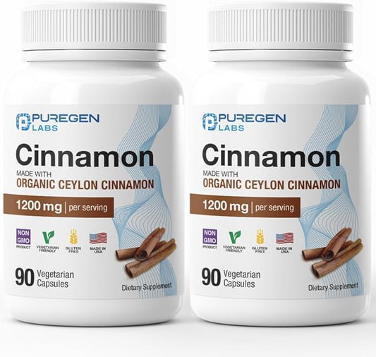 Puregen Labs Organic Cinnamon (Ceylon Cinnamon) 1,200mg Serving Total 180 Veggie Caps - No Harmful Additives | Non-GMO | Gluten-Free – Made in USA