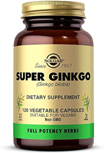 Solgar Super Ginkgo, 120 Vegetable Capsules - Full Potency (FP) - Antioxidant & Nervous System Support - Brain Health - Non-GMO, Vegan, Gluten Free, Dairy Free, Kosher - 120 Servings