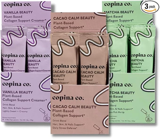 Vegan Collagen Booster Mix: Plant Based Collagen Support Smoothie Drink Vegan Blend Variety Pack | Matcha, Vanilla, & Cacao Calm | 3 Cartons, 10 Individual Stick Packs per Carton