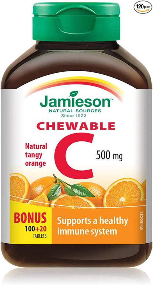 Jamieson Vitamin C Chewable 500 mg - Tangy Orange, 120 tabs Bonus