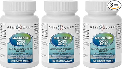GeriCare Magnesium Oxide Supplement 240 mg, Elemental Magnesium, 120 Coated Tablets, Essential Mineral Support, Promotes Vascular Health, Bone Strength, and Muscle Function (Pack of 3)
