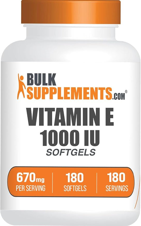 BulkSupplements.com Vitamin E 1000 IU Softgels - Vitamin E Supplement, Essential Antioxidant Support - Gluten Free, 1 Softgel per Serving, 180 Count (Pack of 1)