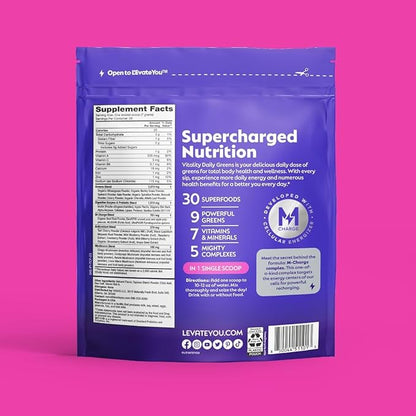 L'Evate You Vitality Daily Greens, Variety Pack (3 Bags, 84 Servings) 30 Superfoods, 9 Greens - for Cellular Energy Boost, Powered by M-Charge Complex for All Day Energy