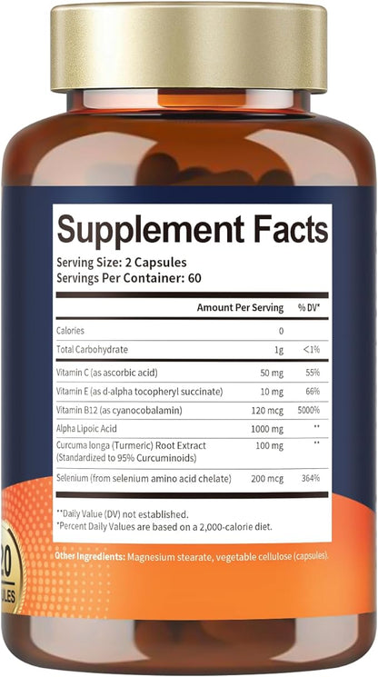 Alpha Lipoic Acid - 1000mg ALA Supplement Capsules for Neuropathy Support Supplement Nerve Health, Liver Detox, Antioxidant, Metabolism and Cell Energy, Anti-Aging - Non-GMO, Gluten Free, Vegan Safe