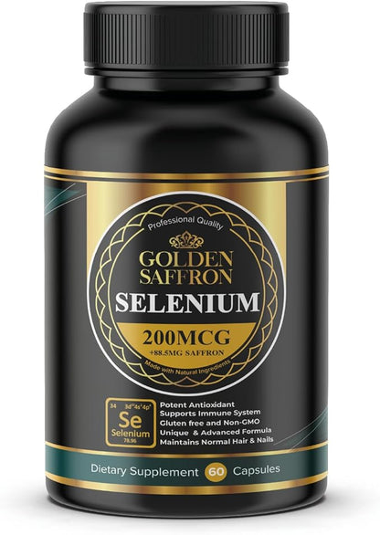 Golden Saffron Selenium (200mcg Selenium & 88.5 mg Saffron Extract) - to Support Overall Health, Non-GMO, Gluten Free, Dairy Free, with Unique and Advanced Formula – Made in USA & Tasteless.