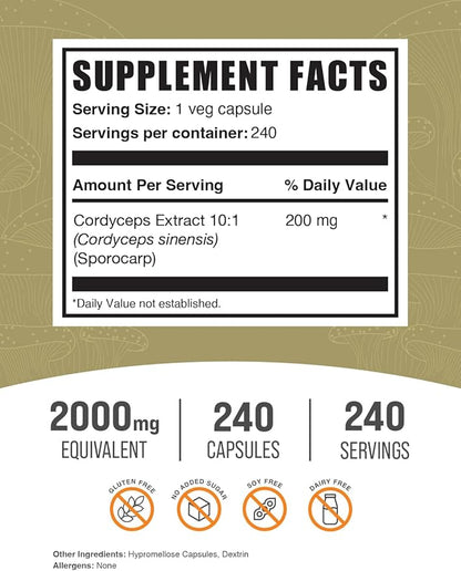 BulkSupplements.com Cordyceps Mushroom Capsules - Cordyceps Extract, from Cordyceps Sinensis - Gluten Free, 2000mg Equivalent Serving - 1 Capsule per Serving, 240 Veg Capsules (Pack of 1)