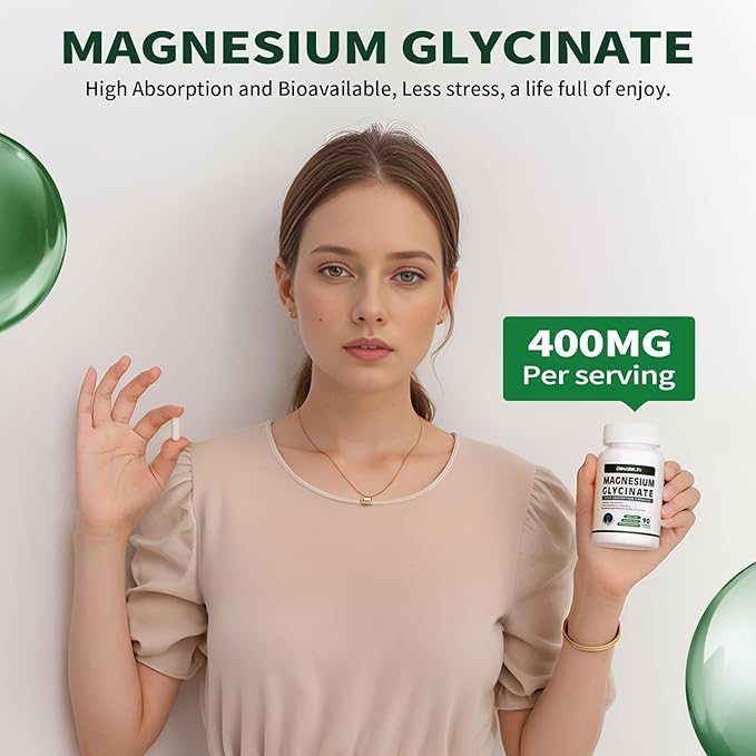 Magnesium Glycinate 400 MG per Serving 100% Chelated for High Absorption, Gentle On Stomach, Non-GMO, 90 Vegetarian Capsules
