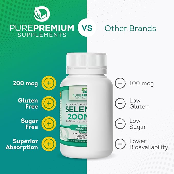 PurePremium Selenium 200mcg Supplement - L Selenomethionine Essential Mineral - Daily Support for Normal Thyroid, Immune System and Normal Prostate Function - 3 Months Supply - 100 Capsules