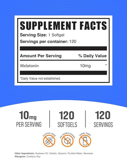 BulkSupplements.com Melatonin 10 mg Softgels - Melatonin for Adults, Sleep Supplement - 10mg Melatonin per Serving, Gluten Free, 1 Softgel per Serving, 120 Count (Pack of 1)