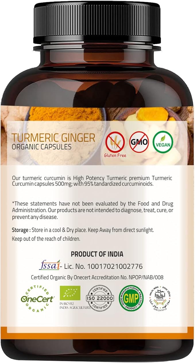 Turmeric Ginger with Black Pepper & Ginger 1000 mg 120 Capsules | Turmeric and Ginger Supplement with 95% Curcuminoids | Extra Strength Supplement| Joint Support Supplement | Non-GMO - 120 Capsules