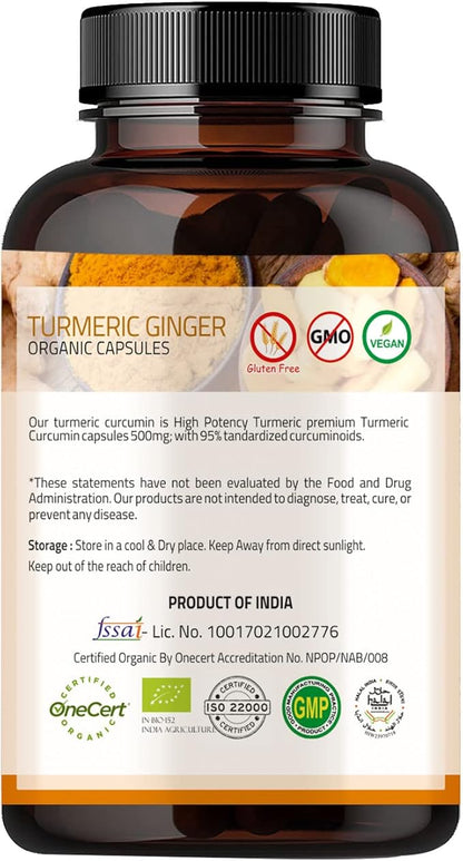 Turmeric Ginger with Black Pepper & Ginger 1000 mg 120 Capsules | Turmeric and Ginger Supplement with 95% Curcuminoids | Extra Strength Supplement| Joint Support Supplement | Non-GMO - 120 Capsules