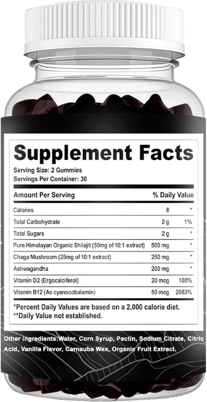 Shilajit Gummies I Lab Tested I No Added Sugar I Ashwagandha, Chaga Mushrooms | Fulvic Acid & 85+ Trace Minerals I for Men, Women I Non-GMO I 100% Natural & Organic I 60 Gummy