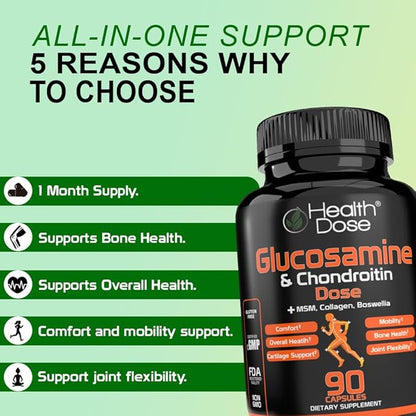 Glucosamine Plus Premium Joint Support - with MSM, Collagen & Boswellia - 90 Capsules - Antioxidant Properties for Cartilage Support, Joint Health & Mobility Pack of 2.