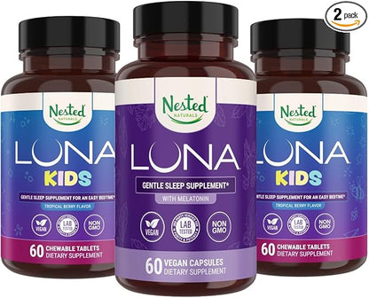 Nested Naturals Luna Kids Sleep Supplement (60 Chewable Tablets) & Luna Natural Sleep Aid (60 Vegan Capsules)