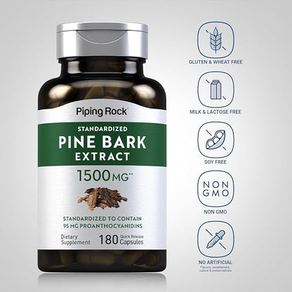 Piping Rock Pine Bark Extract Capsules | 1500mg | 180 Count | Non-GMO, Gluten Free Supplement