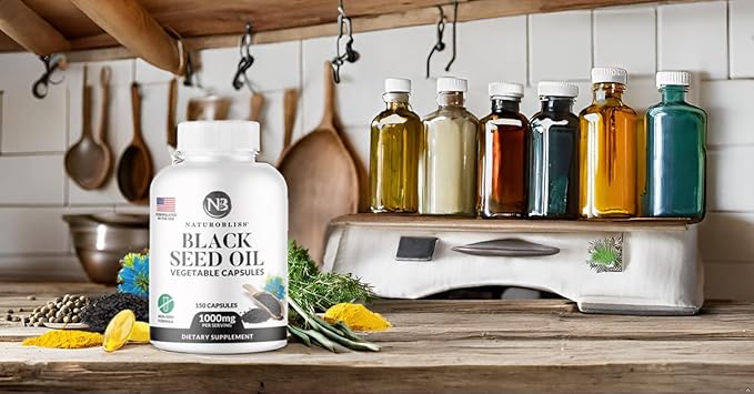 NaturoBliss Black Seed Oil - 150 Softgel Capsules Skin Health (Non-GMO & Vegan) Premium Cold-Pressed Nigella Sativa Producing Pure Black Cumin Seed Oil - 1000mg Per 2 Capsule Serving - 75 Servings