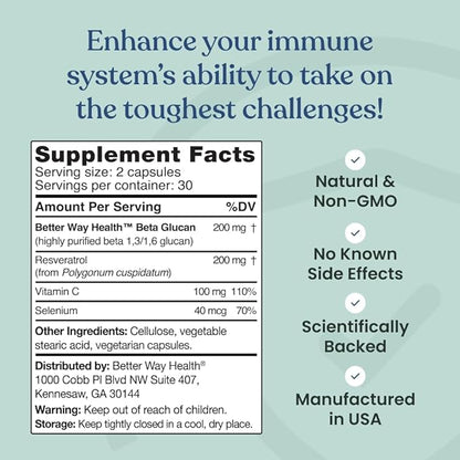 Better Way Health™ - Advanced Immune Readiness - Highly Purified 1,3/1,6 Beta Glucan + Vitamin C, Resveratrol, and Selenium - 60 Capsules (Pack of 1)