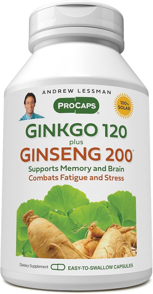 ANDREW LESSMAN Ginkgo 120 Plus Ginseng 200mg - 120 Capsules - Standardized Extract Blend to Support Brain, Memory and Cognitive Function. Adaptogen, Combats Stress and Fatigue. No Additives