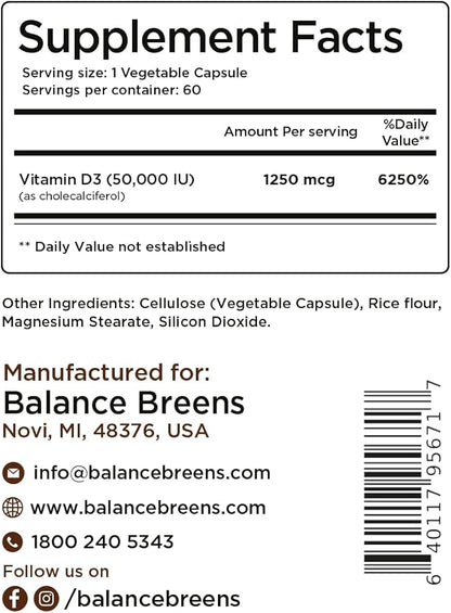 Balancebreens Vitamin D3 50,000 IU, 60 Veggie Capsules - High Potency, Supports Immune & Bone Health - Weekly Once