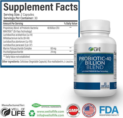 Well of Life Probiotic-40 Billion: Helps Gut Health & Digestive Support. 4 Strain Blend, 40 Billion CFU. Enhances Nutrient Absorption, Metabolism. 60 Capsules. Non-GMO, Made in USA.