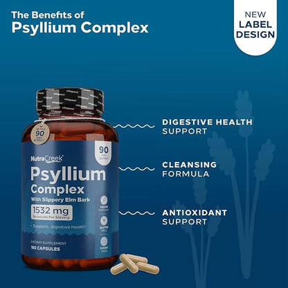 Psyllium Complex | 11-Ingredient Psyllium Husk Capsules with Psyllium Powder, Slippery Elm & Ginger to Cleanse & Support Digestive System Health | 180 Capsules