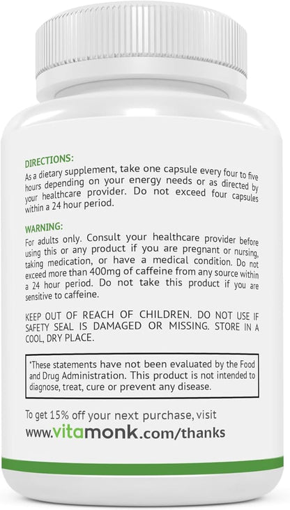 VitaMonk Low Dose Caffeine and Theanine - No Jitters, No Crash- Microdose of Caffeine L Theanine Pills with Caffeine Theanine and Theobromine - 25mg of Caffeine, Caffeine Pills L Theanine - 60 Caps