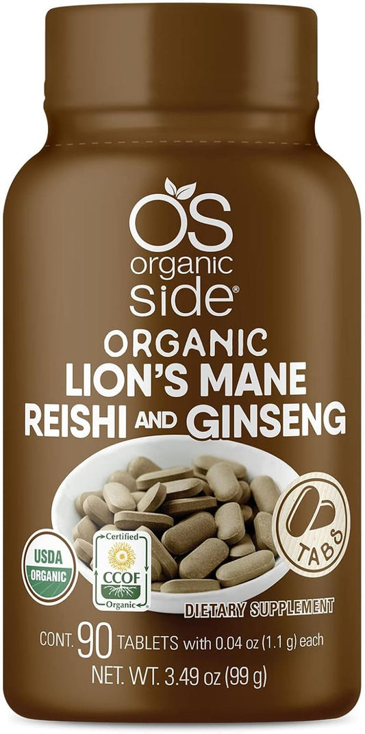 | 100% Pure Organic | Lions Mane, Reishi, & Ginseng Tablets | Adaptogens for Energy & Focus | USDA Certified, Non-GMO, Plant-Based | 90 Tablets