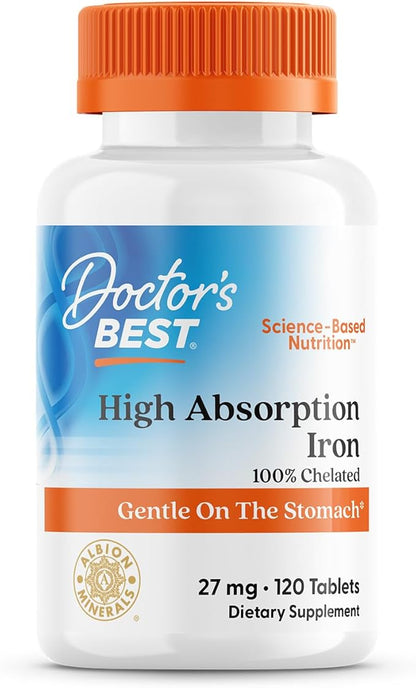 Doctor's Best High Absorption Iron Tablet with Ferrochel, Gentle on The Stomach, Immune Health, Blood Health, 27 mg