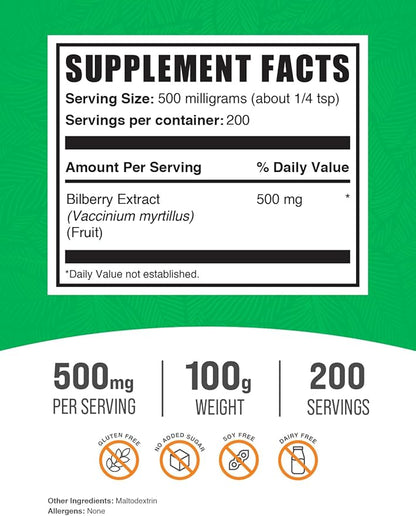BulkSupplements.com Bilberry Extract Powder - Bilberry Fruit Extract, Bilberry Powder, Bilberry Supplement for Eyes - Glulten Free, 500mg per Serving, 100g (3.5 oz) (Pack of 1)
