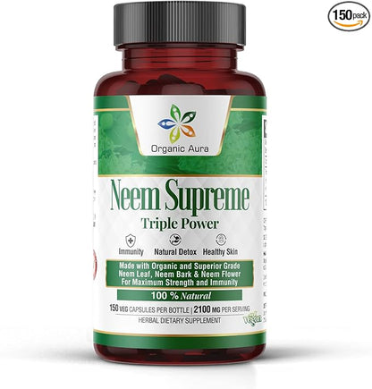 Organic Aura Neem Supreme Capsules. 150 Veg Capsules. Triple Complex - Max Strength Pure High-Potency Azadirachta Indica Capsule. Natural Antioxidant, Skin Health, Abundant Immunity Support.