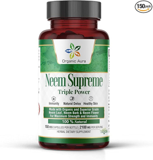 Organic Aura Neem Supreme Capsules. 150 Veg Capsules. Triple Complex - Max Strength Pure High-Potency Azadirachta Indica Capsule. Natural Antioxidant, Skin Health, Abundant Immunity Support.