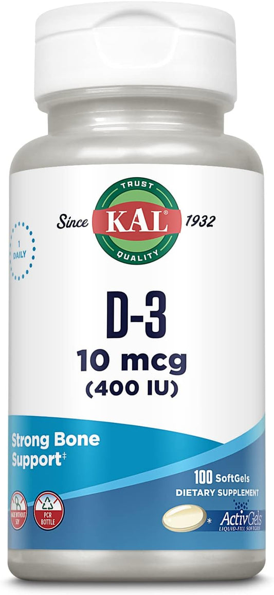 KAL Vitamin D3 400 IU Softgels (10 mcg), Active Form of Vitamin D, Calcium Absorption, Bone Health, Immune Support Supplement, Liquid Filled ActivGel, Made Without Soy, 100 Servings, 100 Softgels