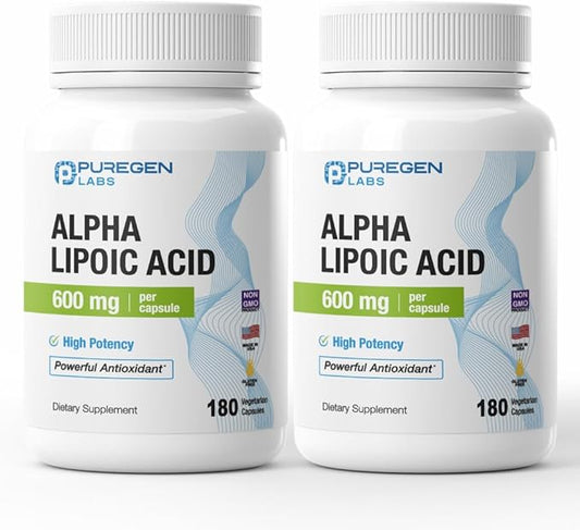 Puregen Labs Alpha Lipoic Acid 600mg [High Potency] Total 360 Veggie Caps, Antioxidant Support | No Harmful Additives | Non-GMO, NO Gluten and Dairy, 600 mg per Capsule - Made in USA - 2 Pack