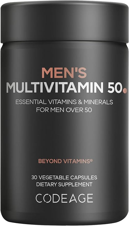 Codeage Men's Multivitamin 50 - Essential Vitamins & Minerals for Men Over 50 - Daily Multivitamins for Men Supplement - Vitamin A, C, D3, E, B6, B1, CoQ10, Probiotics, Lutein - Non-GMO - 30 Capsules